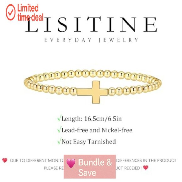 14K Gold Plated Beaded Stretch Bracelet with Cross Charm Stackable - Picture 8 of 8